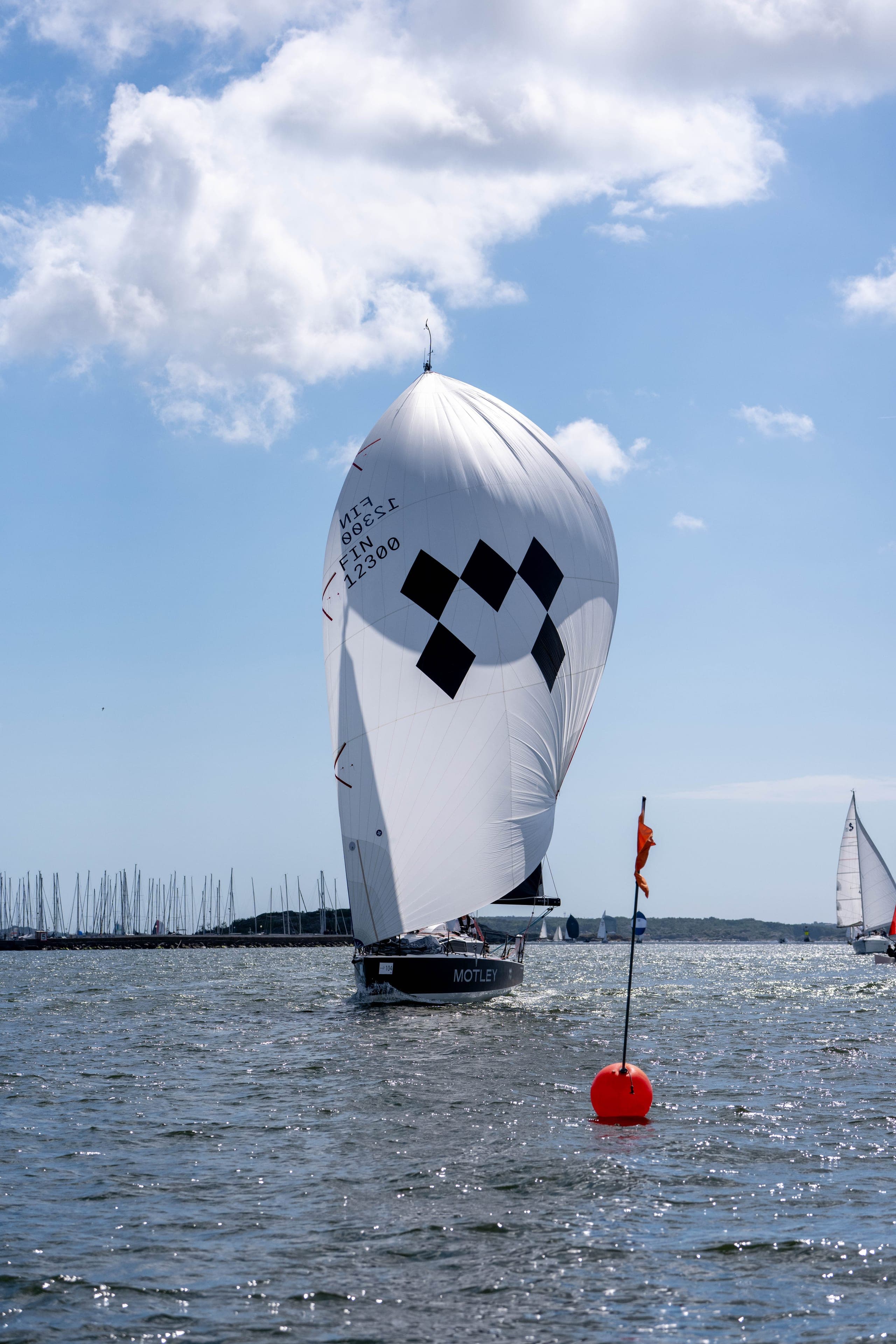 Stor spinnaker med svarta rutor sedd underifrån